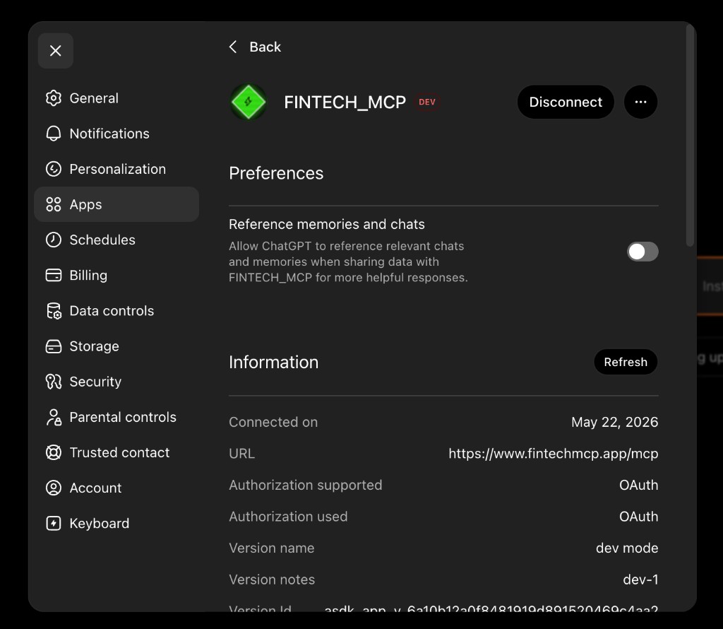 ChatGPT Apps settings showing FINTECH_MCP connected with OAuth and MCP URL