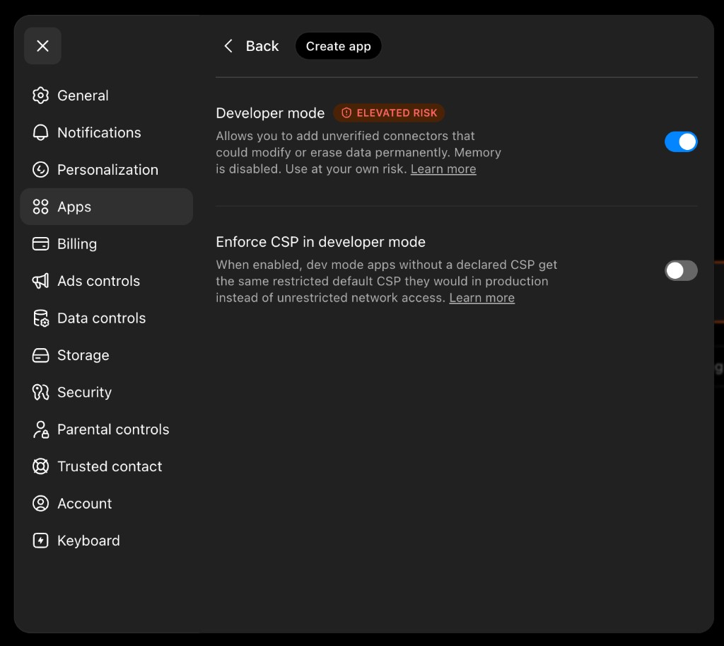 ChatGPT Settings Apps tab with Developer mode enabled