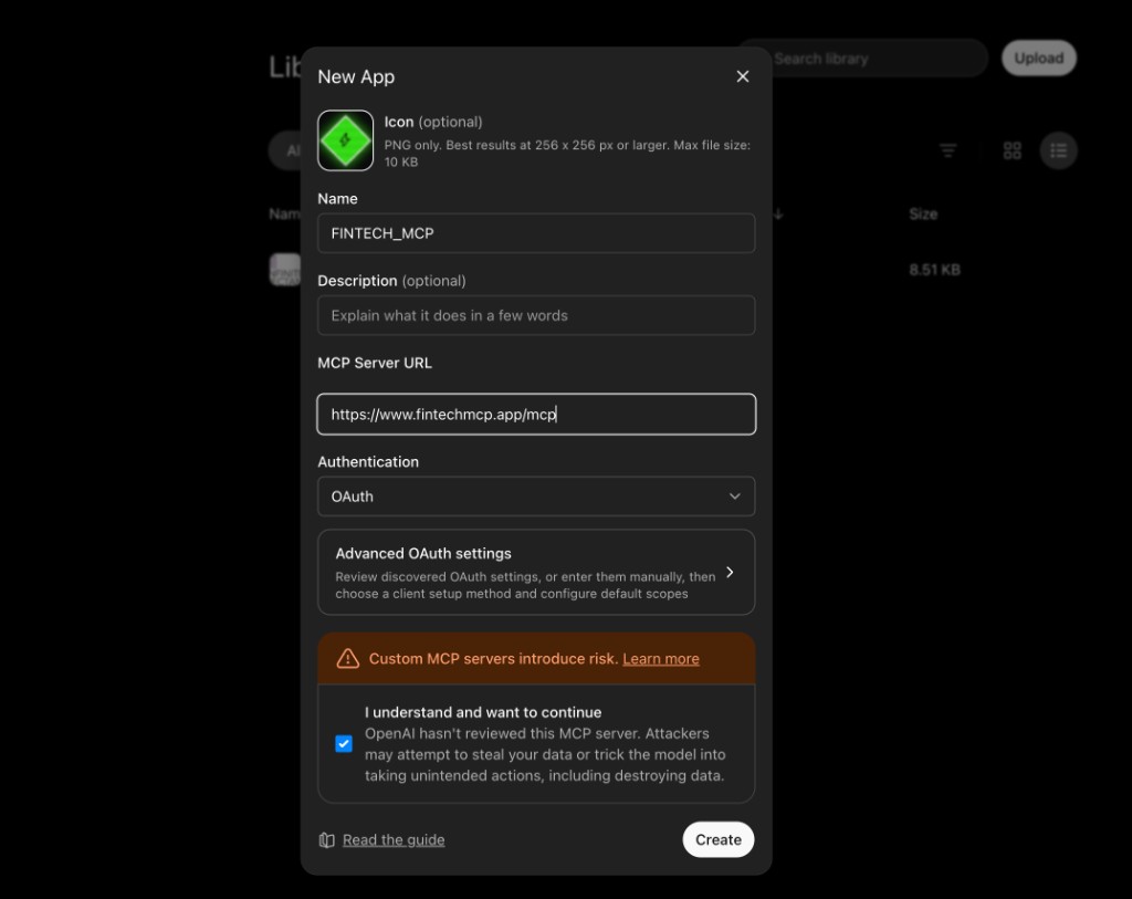 ChatGPT New App dialog with FINTECH_MCP name and MCP server URL entered