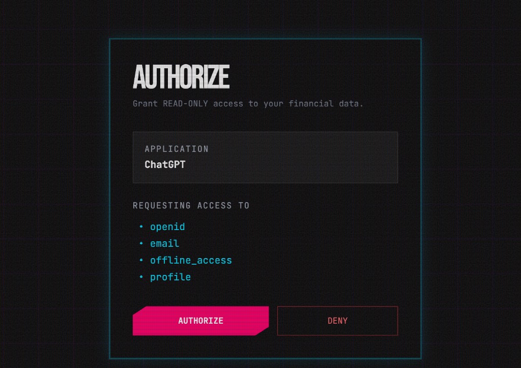 FINTECH_MCP OAuth authorization screen granting read-only access to ChatGPT