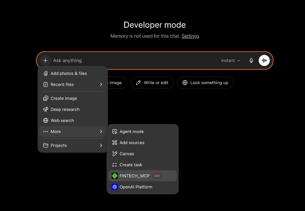 ChatGPT Developer mode chat with FINTECH_MCP selected from the tools menu