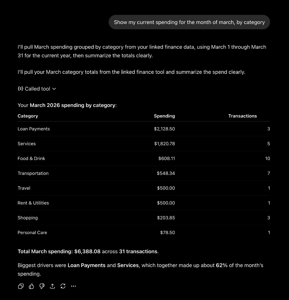 ChatGPT conversation showing March spending by category from FINTECH_MCP tools