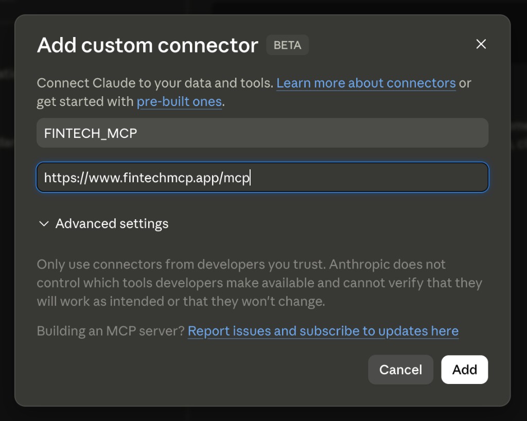 Claude Desktop Add custom connector dialog with FINTECH_MCP name and MCP server URL entered